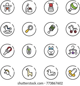 line vector icon set - baby vector, room, pyramid toy, beanbag, rocking horse, wheel, phone, rabbit, carousel, unicorn stick, giraffe, duck, soother