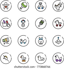 line vector icon set - baby vector, beanbag, car toy, dinosaur, shovel bucket, wheel horse, xylophone, rabbit, wirligig, unicorn stick, duck