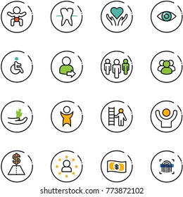 line vector icon set - baby vector, tooth, heart care, eye, disabled, user login, group, hand sproute, success, opportunity, dollar, star man, money, fingerprint scanner