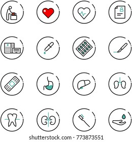 line vector icon set - baby room vector, heart, pulse, patient card, hospital building, pipette, pills blister, scalpel, medical patch, stomach, liver, lungs, tooth, kidneys, brush, drop hand