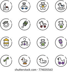 line vector icon set - baby room vector, car toy, bear, rocking horse, beanbag, wheel, block house, carousel, windmill, duck