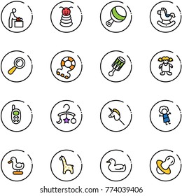 line vector icon set - baby room vector, pyramid toy, beanbag, rocking horse, teethers, doll, phone, carousel, unicorn stick, duck, giraffe, soother