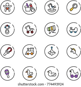 line vector icon set - baby vector, shovel bucket, rocking horse, beanbag, wheel, xylophone, car, toy train, wirligig, unicorn stick, duck