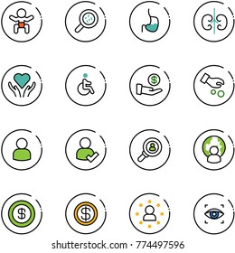 line vector icon set - baby vector, bacteria, stomach, kidneys, heart care, disabled, investment, user, check, head hunter, man globe, dollar, star, eye scanner