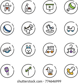 line vector icon set - baby vector, room, presentation board, beanbag, ball, dinosaur toy, rocking horse, car, horn, rabbit, train, carousel, windmill, duck, soother