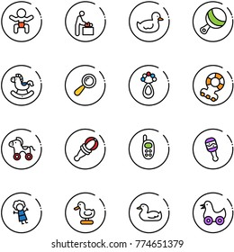 line vector icon set - baby vector, room, duck toy, beanbag, rocking horse, teethers, wheel, phone, doll