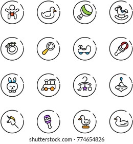 line vector icon set - baby vector, duck toy, beanbag, rocking horse, car, rabbit, train, carousel, wirligig, unicorn stick