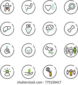 line vector icon set - baby vector, power hand, heart beat, bacteria, liver, brain, broken bone, disabled, virus, investment, group, idea, sproute, world, team leader