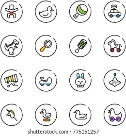 line vector icon set - baby vector, duck toy, beanbag, car, dinosaur, wheel horse, xylophone, rabbit, wirligig, unicorn stick