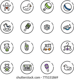 line vector icon set - baby vector, duck toy, beanbag, ball, rocking horse, cube, horn, bear, phone, train, carousel, piano