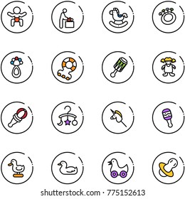 line vector icon set - baby vector, room, rocking horse, beanbag, teethers, doll, carousel, toy unicorn stick, duck, soother
