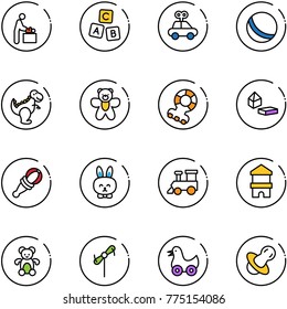 line vector icon set - baby room vector, abc cube, car toy, ball, dinosaur, bear, teethers, constructor blocks, beanbag, rabbit, train, block house, windmill, duck, soother