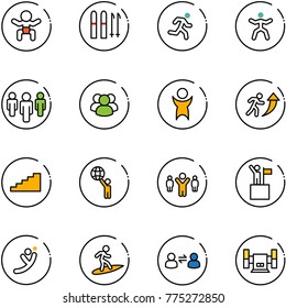 line vector icon set - baby vector, ski, run, gymnastics, group, success, career, stairs, world, team leader, win, flying man, surfing, information exchange, sharpening