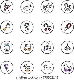 line vector icon set - baby vector, duck toy, dinosaur, rocking horse, beanbag, wheel, rabbit, train, carousel, wirligig