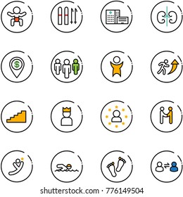 line vector icon set - baby vector, ski, hospital building, kidneys, dollar pin, group, success, career, stairs, king, star man, agreement, flying, swimming, feet, information exchange