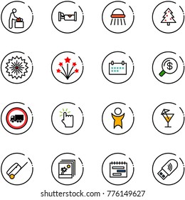 line vector icon set - baby room vector, hotel, shower, christmas tree, firework, schedule, money search, no truck road sign, hand touch, success, drink, suitcase, photo, terms plan, usb wi fi