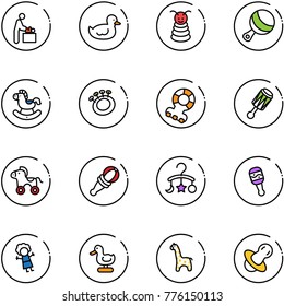 line vector icon set - baby room vector, duck toy, pyramid, beanbag, rocking horse, teethers, wheel, carousel, doll, giraffe, soother