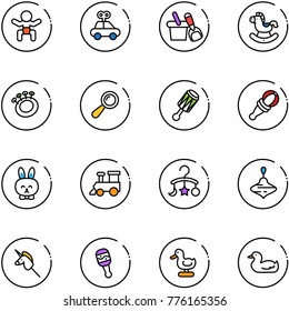line vector icon set - baby vector, car toy, shovel bucket, rocking horse, beanbag, rabbit, train, carousel, wirligig, unicorn stick, duck