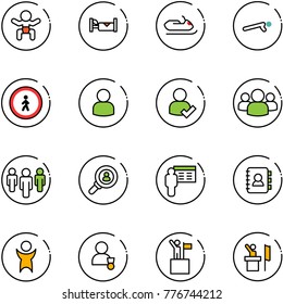 line vector icon set - baby vector, hotel, snowmobile, push ups, no pedestrian road sign, user, check, group, head hunter, presentation, contact book, success, winner, win, speaker
