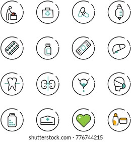 line vector icon set - baby room vector, doctor bag, pills, drop counter, blister, bottle, medical patch, liver, tooth, kidneys, bladder, mask, hat, heart, uv cream