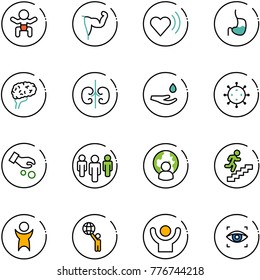 line vector icon set - baby vector, power hand, heart beat, stomach, brain, kidneys, drop, virus, investment, group, man globe, career, success, world, eye scanner