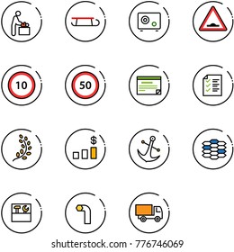 line vector icon set - baby room vector, sleigh, safe, artificial unevenness road sign, speed limit 10, 50, schedule, list, golden branch, dollar chart, anchor, carbon, tool box, allen key