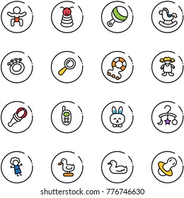 line vector icon set - baby vector, pyramid toy, beanbag, rocking horse, teethers, doll, phone, rabbit, carousel, duck, soother