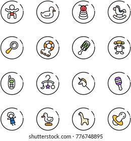 line vector icon set - baby vector, duck toy, pyramid, rocking horse, beanbag, teethers, doll, phone, carousel, unicorn stick, giraffe, soother