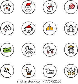 line vector icon set - baby vector, santa claus, snowman, lollipop, dog, christmas elf, crown, robot, crocodile, rocking horse, wheel, doll, toy unicorn stick, duck, cat