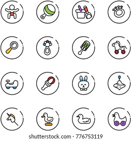 line vector icon set - baby vector, beanbag, shovel bucket, wheel horse, car, toy rabbit, wirligig, unicorn stick, duck