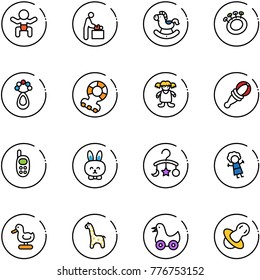 line vector icon set - baby vector, room, rocking horse, beanbag, teethers, doll, phone toy, rabbit, carousel, duck, giraffe, soother