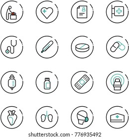 line vector icon set - baby room vector, heart, patient card, first aid, stethoscope, thermometer, pill, pills, drop counter, bottle, medical patch, mri, lungs, mask, doctor hat