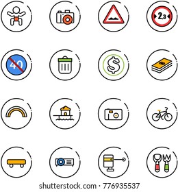 line vector icon set - baby vector, camera, rough road sign, limited width, end minimal speed limit, trash bin, dollar, rainbow, bungalow, photo, bike, skateboard, projector, laser lever