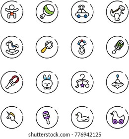 line vector icon set - baby vector, beanbag, car toy, dinosaur, rocking horse, rabbit, carousel, wirligig, unicorn stick, duck