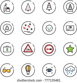 line vector icon set - baby room vector, christmas tree, snowball, merry message, sale, virus, credit card, money case, side wind road sign, no overtake, star, sunglasses, air balloon, eye scanner