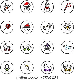 line vector icon set - baby vector, santa claus, snowman, lollipop, christmas elf, dinosaur toy, bear, wheel horse, elephant, ufo, unicorn stick, duck, cat