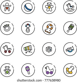line vector icon set - baby vector, ball, bear toy, rocking horse, beanbag, teethers, wheel, xylophone, cube, horn, duck, soother