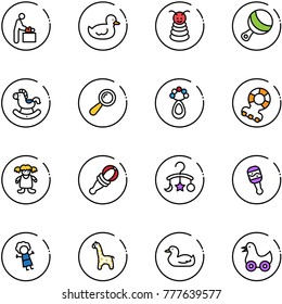 line vector icon set - baby room vector, duck toy, pyramid, beanbag, rocking horse, teethers, doll, carousel, giraffe