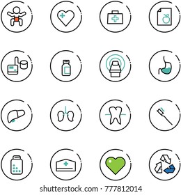 line vector icon set - baby vector, heart, doctor bag, diet list, tonometer, pills bottle, mri, stomach, liver, lungs, tooth, brush, hat, recycling
