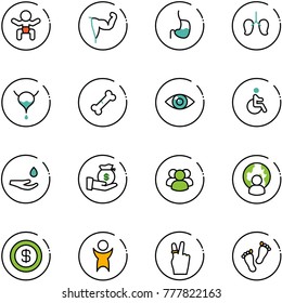 line vector icon set - baby vector, power hand, stomach, lungs, bladder, broken bone, eye, disabled, drop, investment, group, man globe, dollar, success, victory, feet