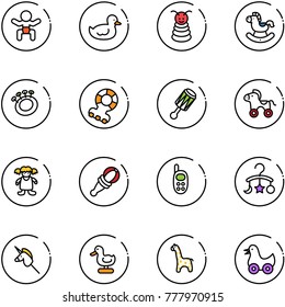 line vector icon set - baby vector, duck toy, pyramid, rocking horse, beanbag, teethers, wheel, doll, phone, carousel, unicorn stick, giraffe