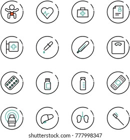 line vector icon set - baby vector, heart pulse, doctor bag, patient card, first aid room, pipette, thermometer, floor scales, pills blister, bottle, vial, medical patch, mri, liver, lungs