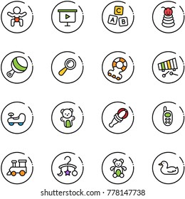 line vector icon set - baby vector, presentation board, abc cube, pyramid toy, beanbag, teethers, xylophone, car, bear, phone, train, carousel, duck