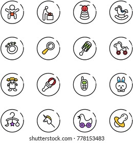 line vector icon set - baby vector, room, pyramid toy, rocking horse, beanbag, wheel, doll, phone, rabbit, carousel, unicorn stick, duck, soother