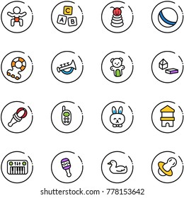line vector icon set - baby vector, abc cube, pyramid toy, ball, teethers, horn, bear, constructor blocks, beanbag, phone, rabbit, block house, piano, duck, soother