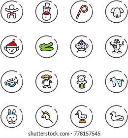 line vector icon set - baby vector, snowman, lollipop, dog, christmas elf, crocodile, ufo toy, robot, horn, doll, bear, horse, rabbit, unicorn stick, duck
