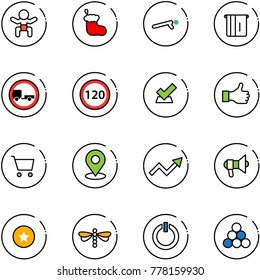 line vector icon set - baby vector, christmas sock, push ups, atm, no trailer road sign, speed limit 120, check, like, cart, map pin, growth arrow, megaphone, star medal, dragonfly, standby button