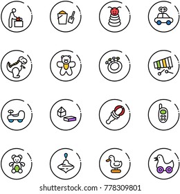 line vector icon set - baby room vector, bucket scoop, pyramid toy, car, dinosaur, bear, beanbag, xylophone, constructor blocks, phone, wirligig, duck