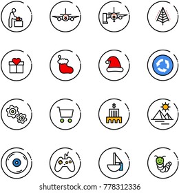 line vector icon set - baby room vector, plane, boarding passengers, christmas tree, gift, sock, hat, circle road sign, gears, cart, bank building, pyramid, cd, joystick, sailboat toy, caterpillar