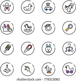 line vector icon set - baby vector, duck toy, car, dinosaur, shovel bucket, rocking horse, beanbag, rabbit, carousel, wirligig, unicorn stick